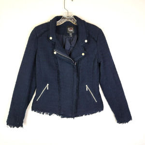 Belle Vere Womens Moto Jacket Blazer Size Medium Navy Blue Zip Up Tweed Fringe